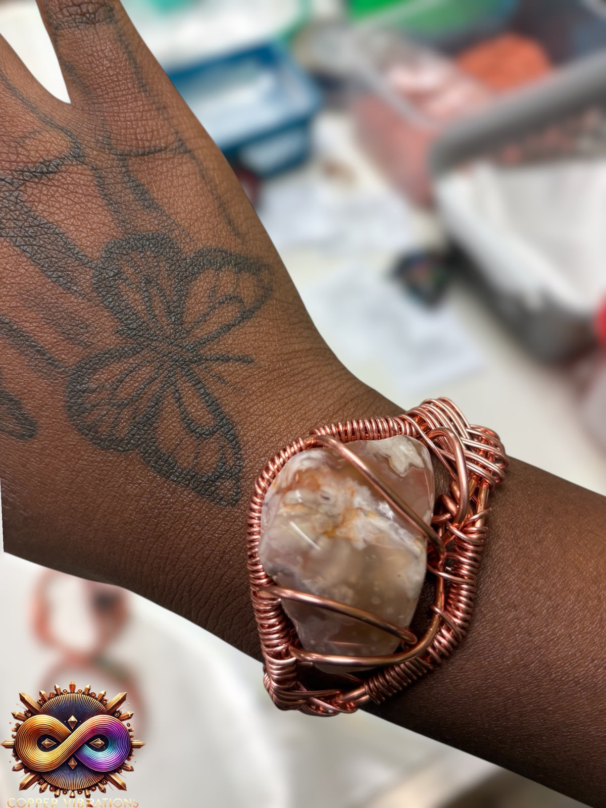 Flower Plume Agate Creativity Weave Copper Bracelet