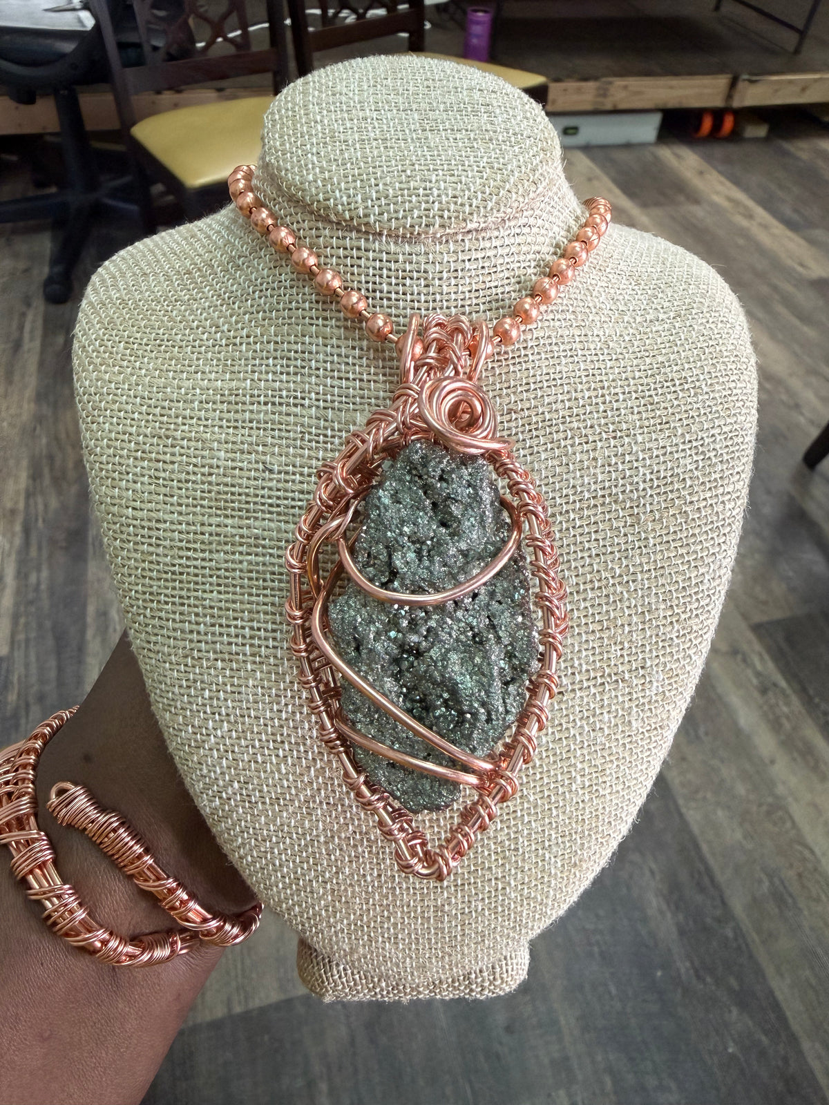 Large Chunky Pyrite Creativity Weave 24” Copper Necklace