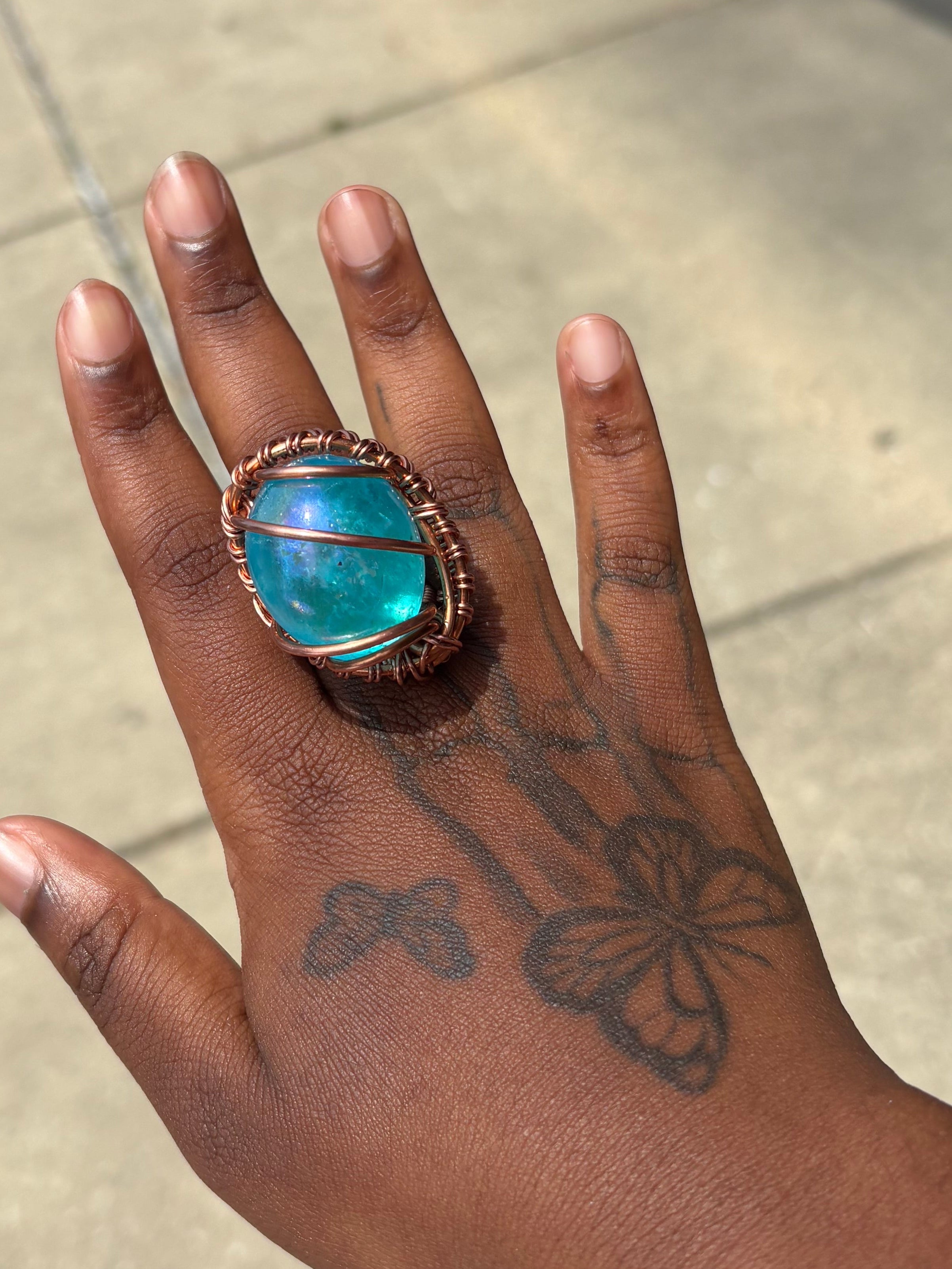 Chunky Aqua Aura Quartz Copper Ring
