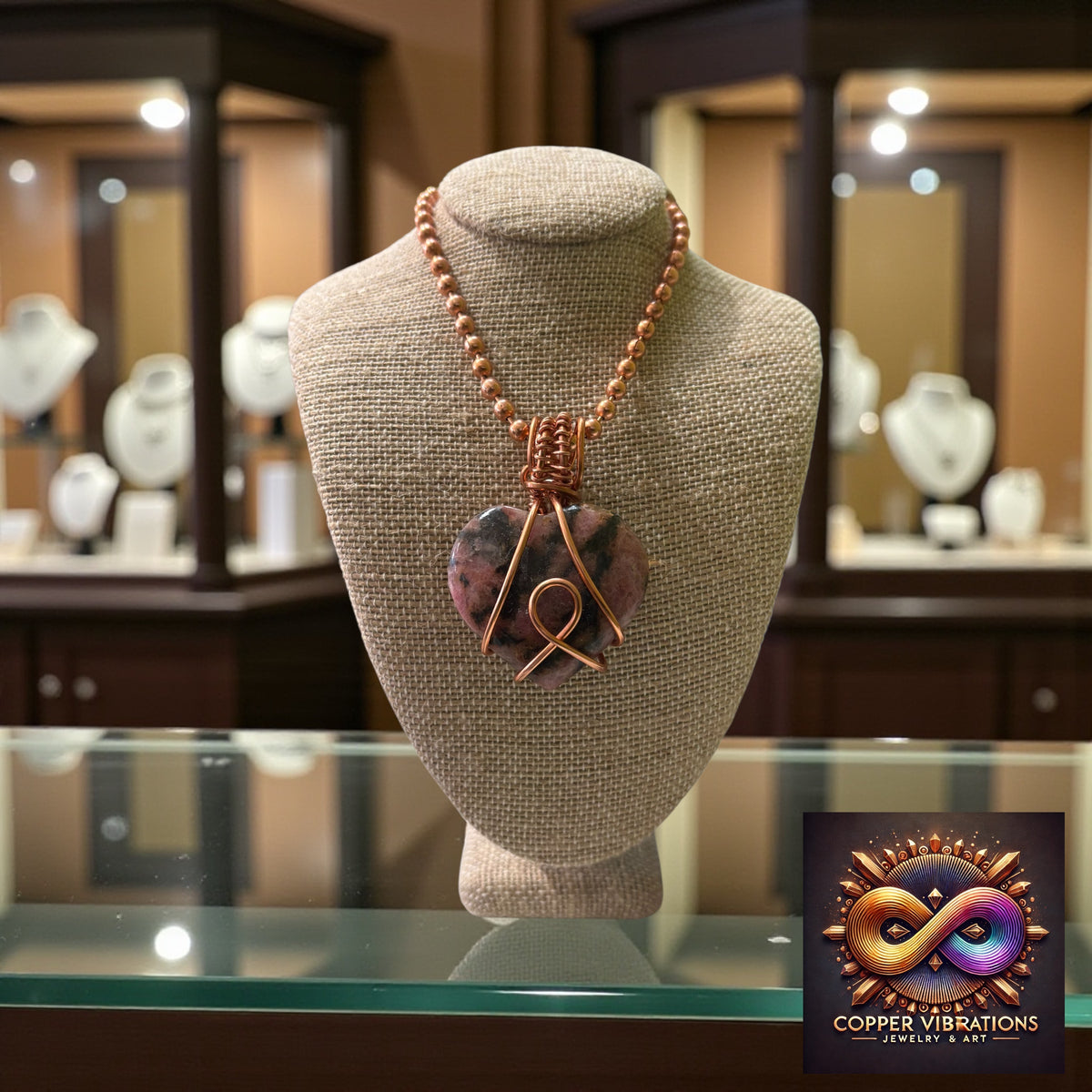 Rhodonite Heart 24” Copper Necklace