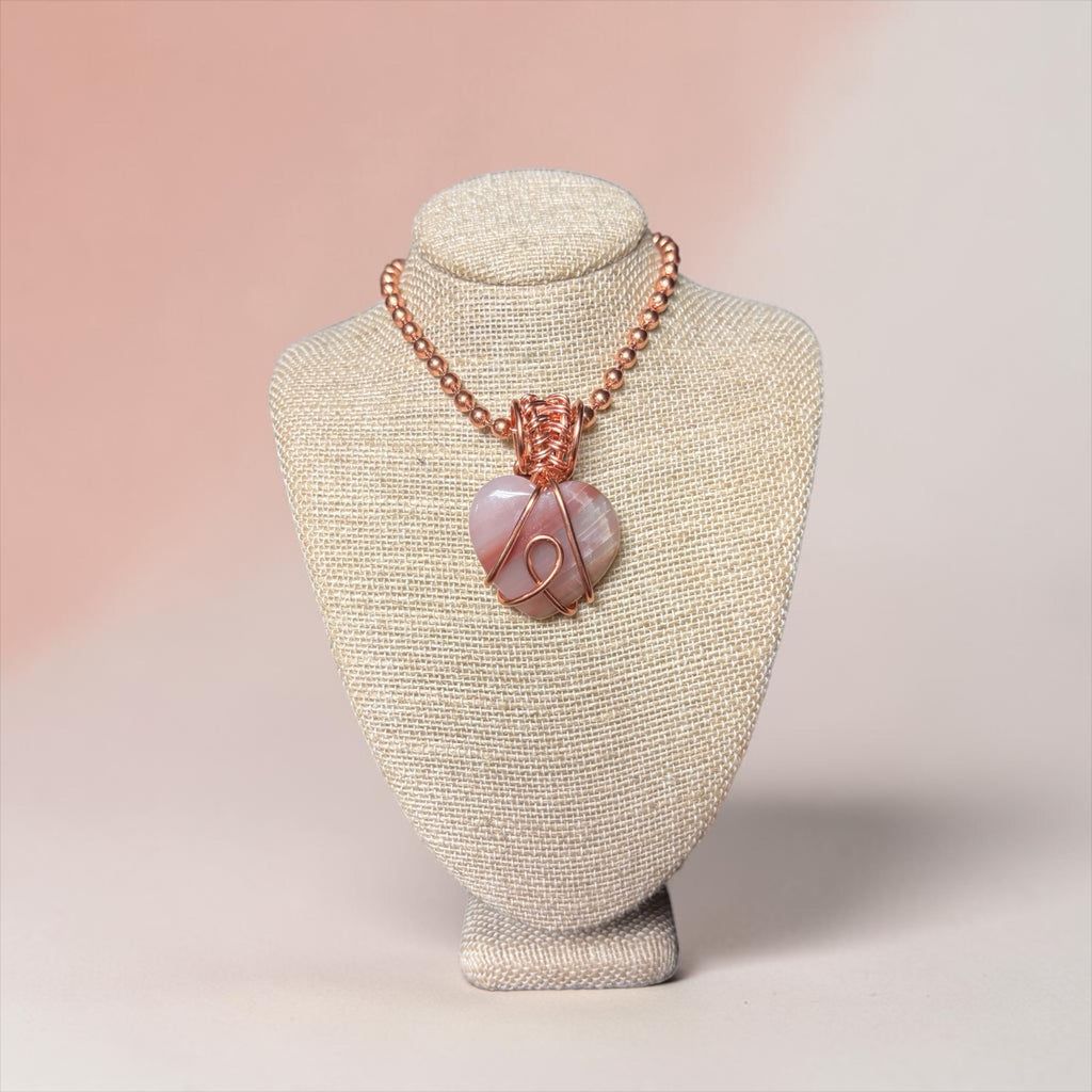 Pink Banded Onyx Heart 24” Copper Necklace