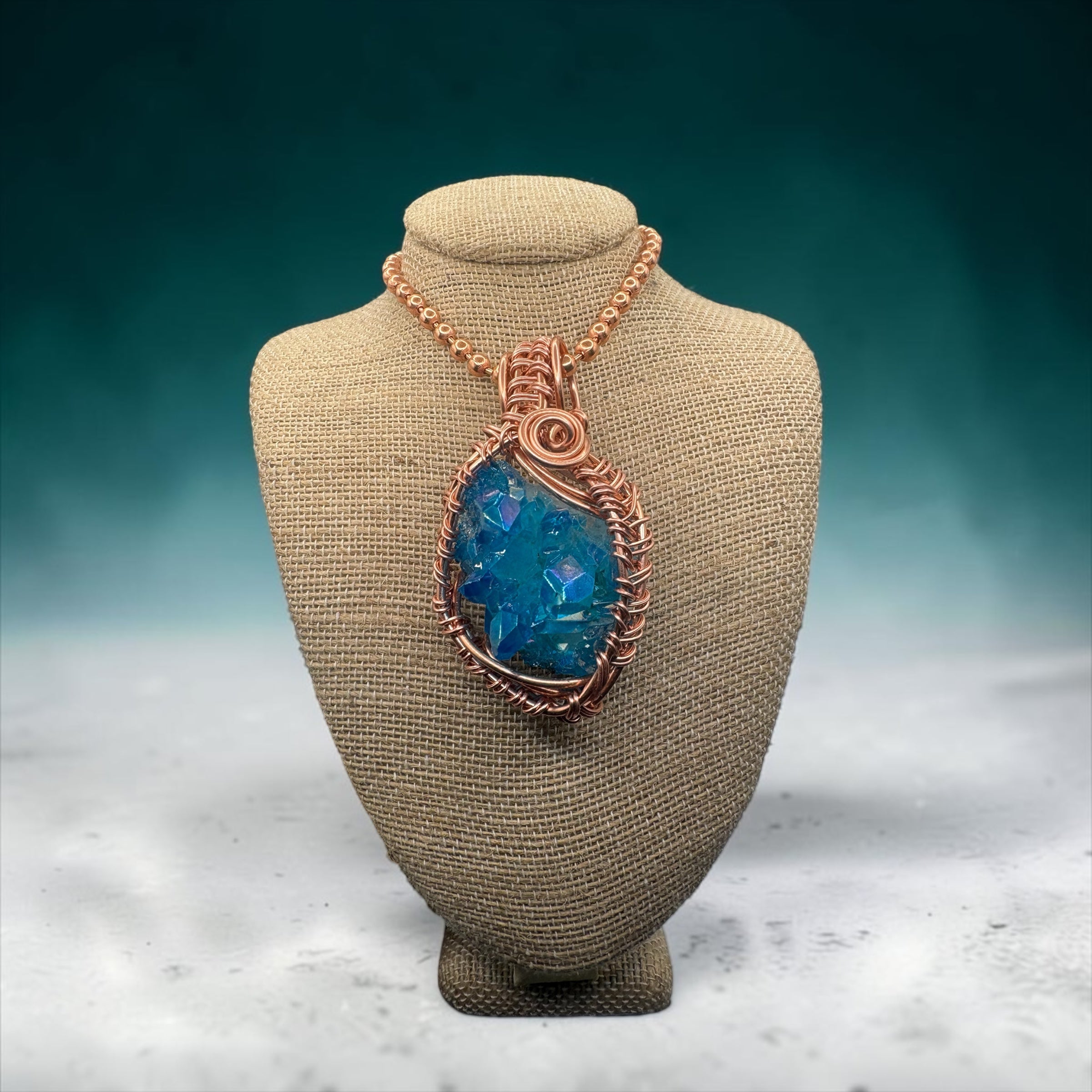 Aqua Aura Quartz Cluster 24” Copper Necklace