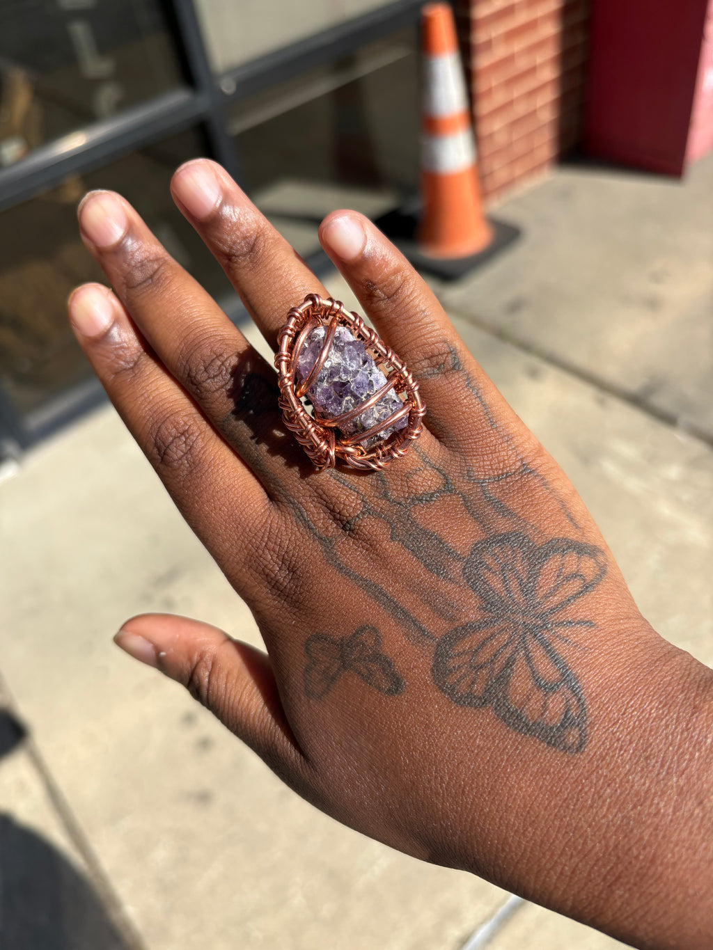 Gemstone Raw Amethyst Cluster Copper Ring