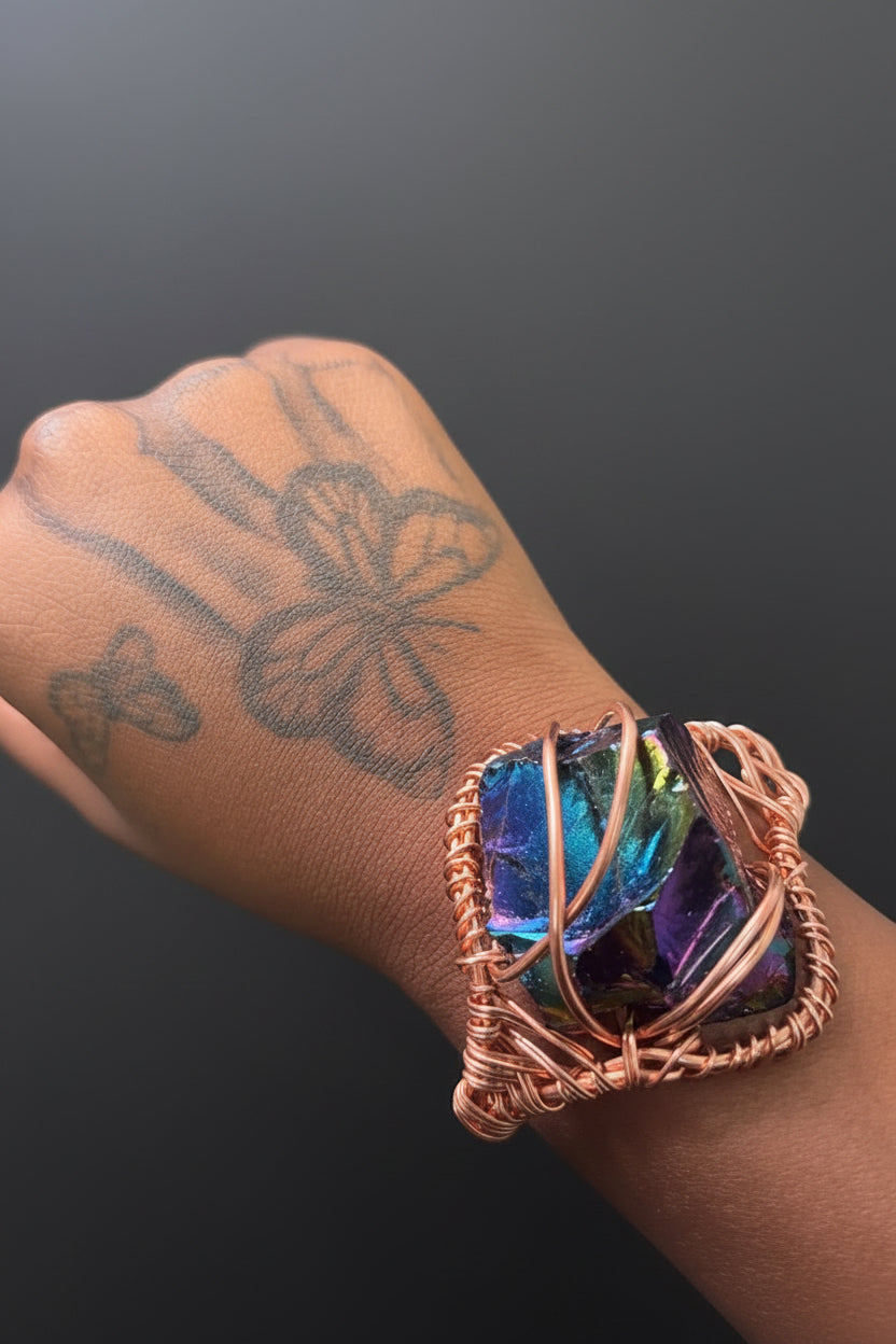 Chunky Titanium Obsidian Copper Bracelet
