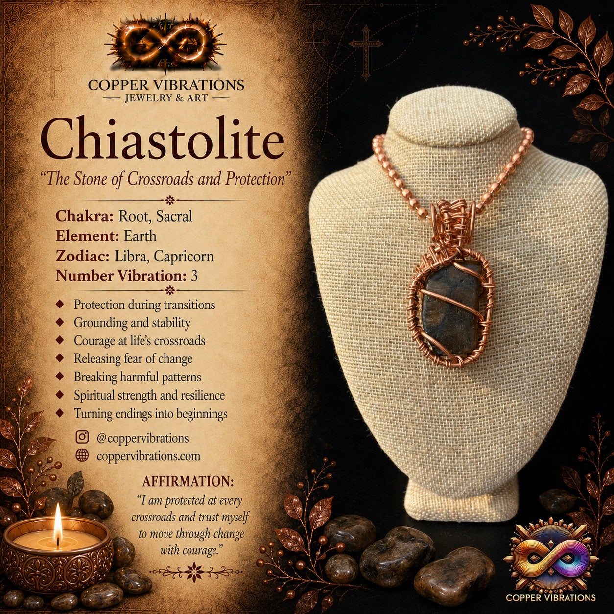 Raw Chiastolite Creativity Weave 24” Copper Necklace