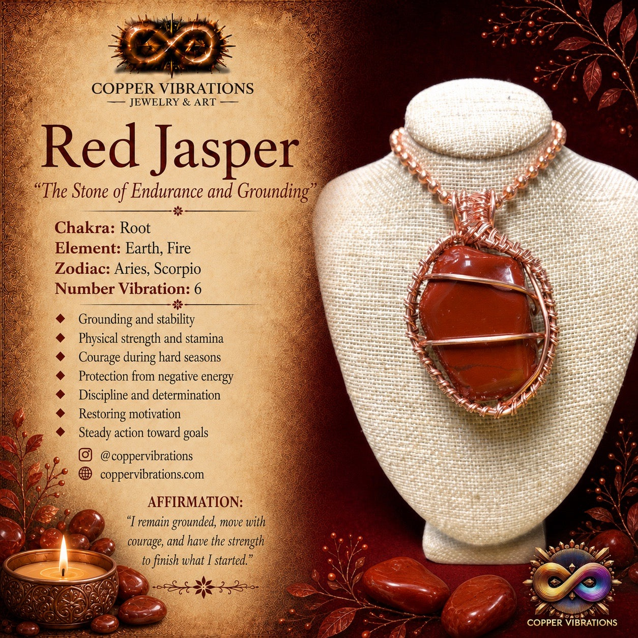 Large Red Jasper Creativity Weave 24” Copper Necklace