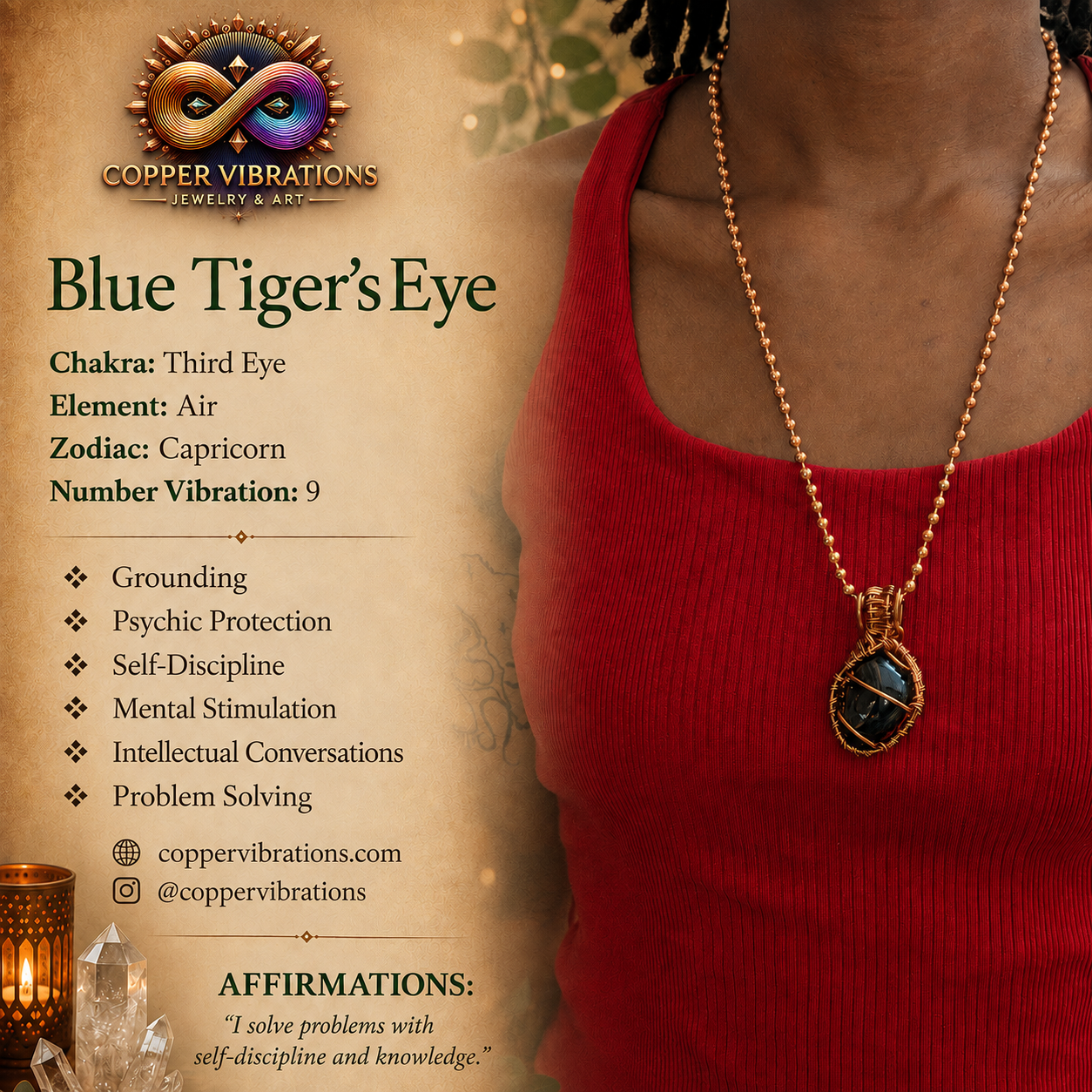Blue Tigers Eye Creativity Weave 24” Copper Necklace