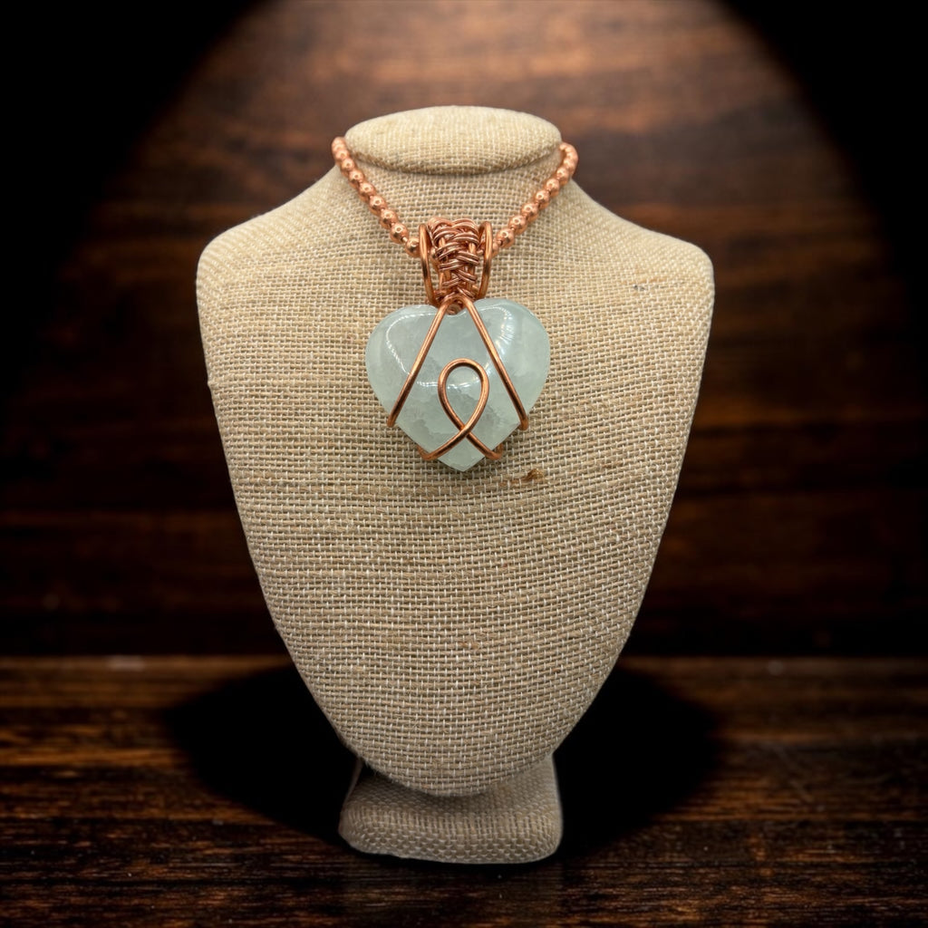 Large Pistachio Calcite Heart 24” Copper Necklace
