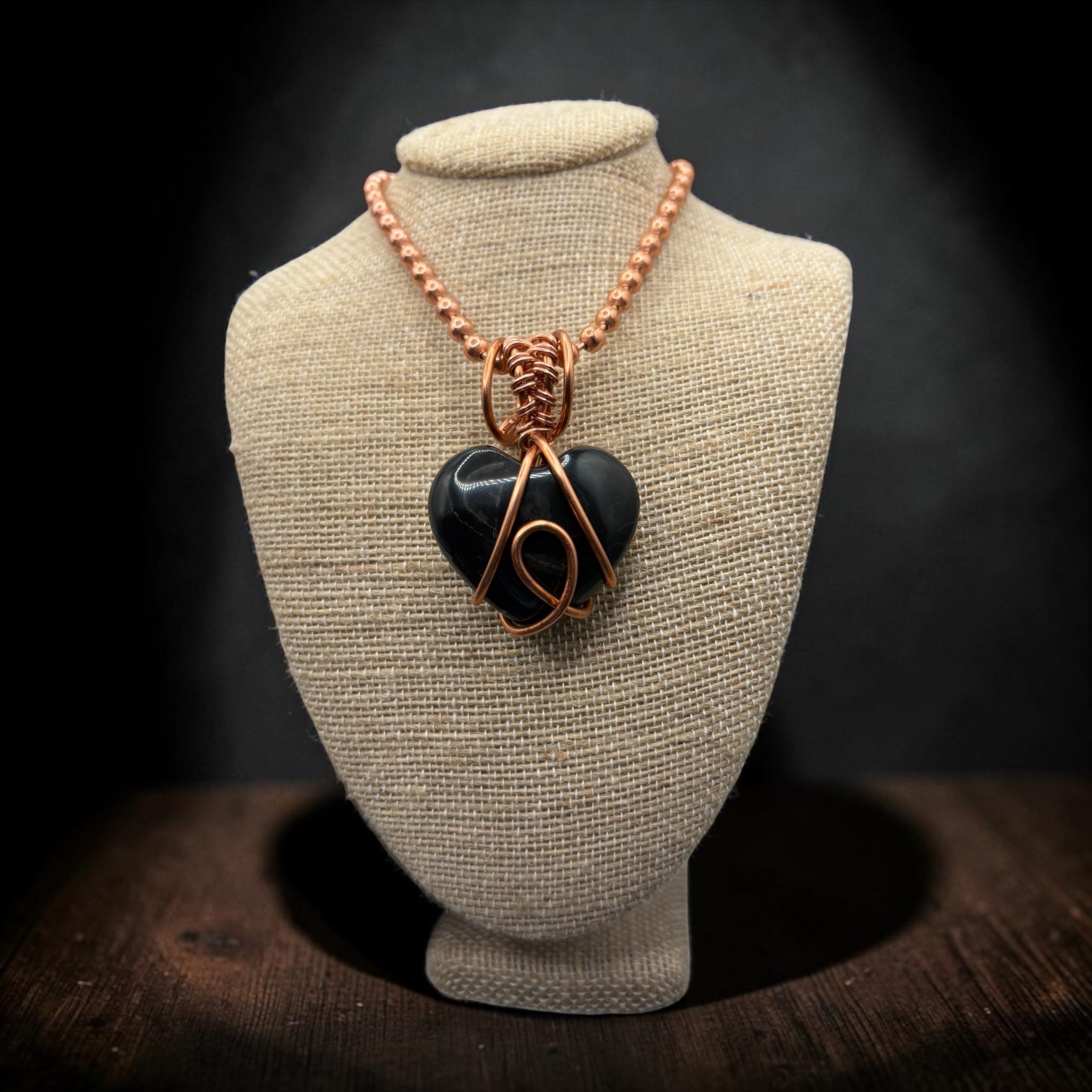 Black Onyx 24” Heart Copper Necklace
