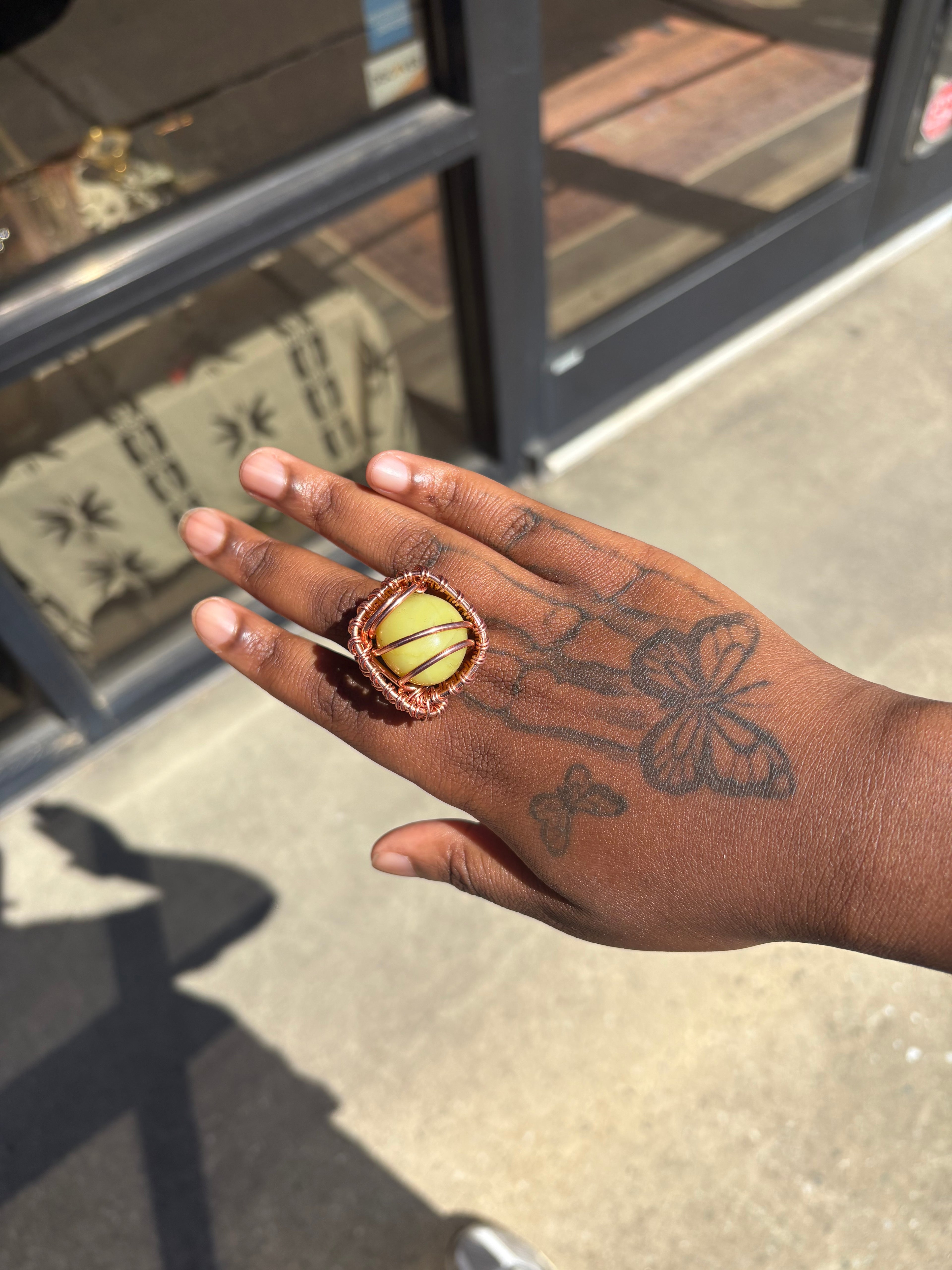 Chunky Olive Jade Copper Ring