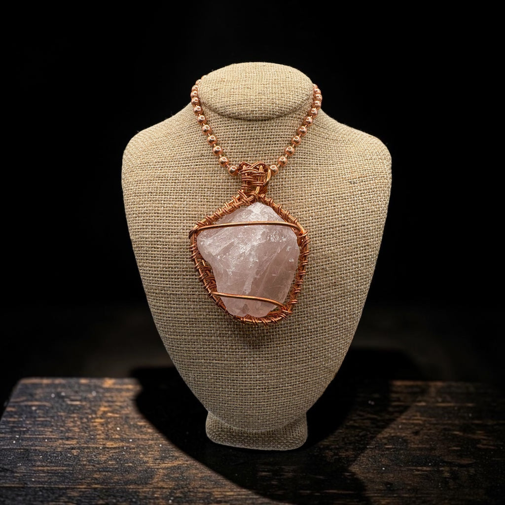 Raw Chunky Rose Quartz Creativity Weave 24” Copper Necklace