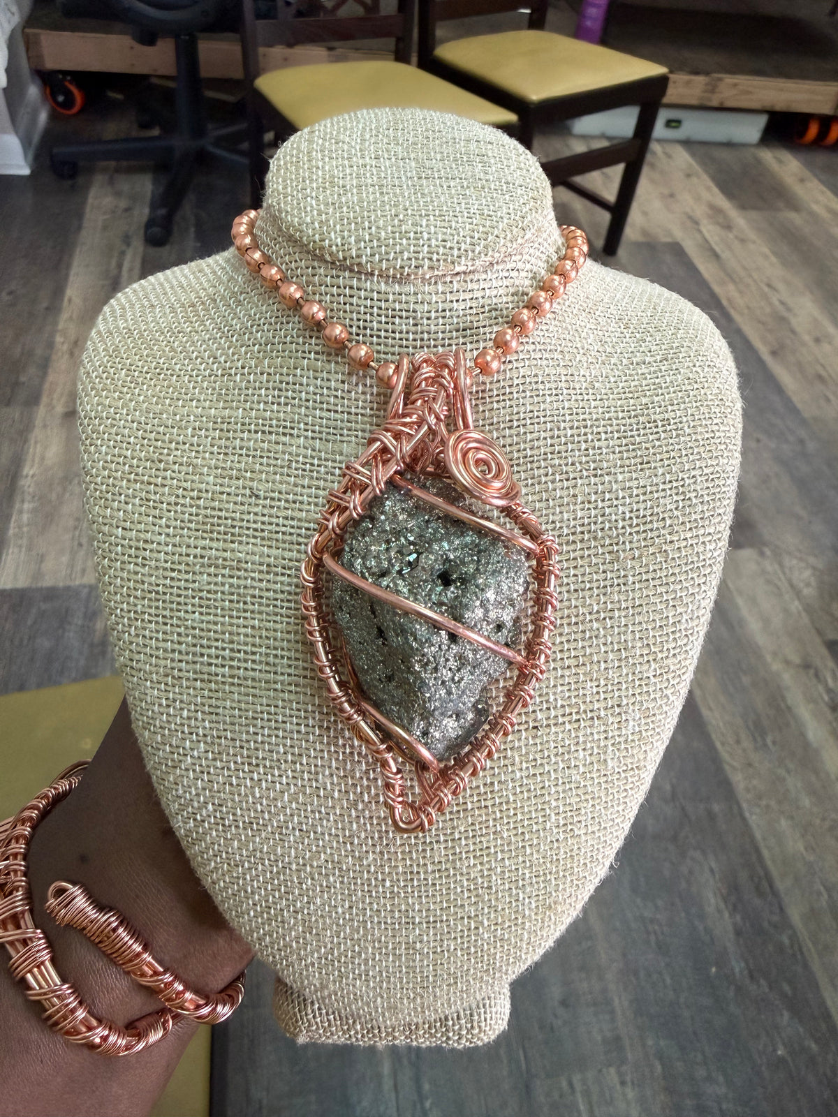 Large Chunky Pyrite Creativity Weave 24” Copper Necklace