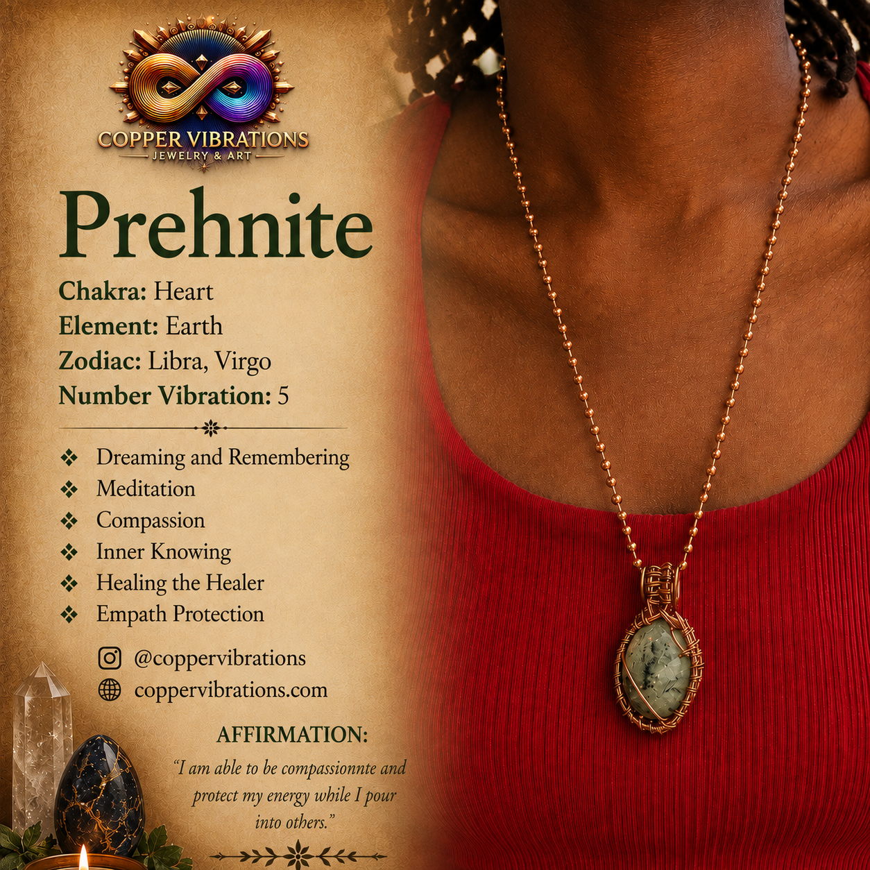 Tumbled Prehnite Creativity Weave 24” Copper Necklace