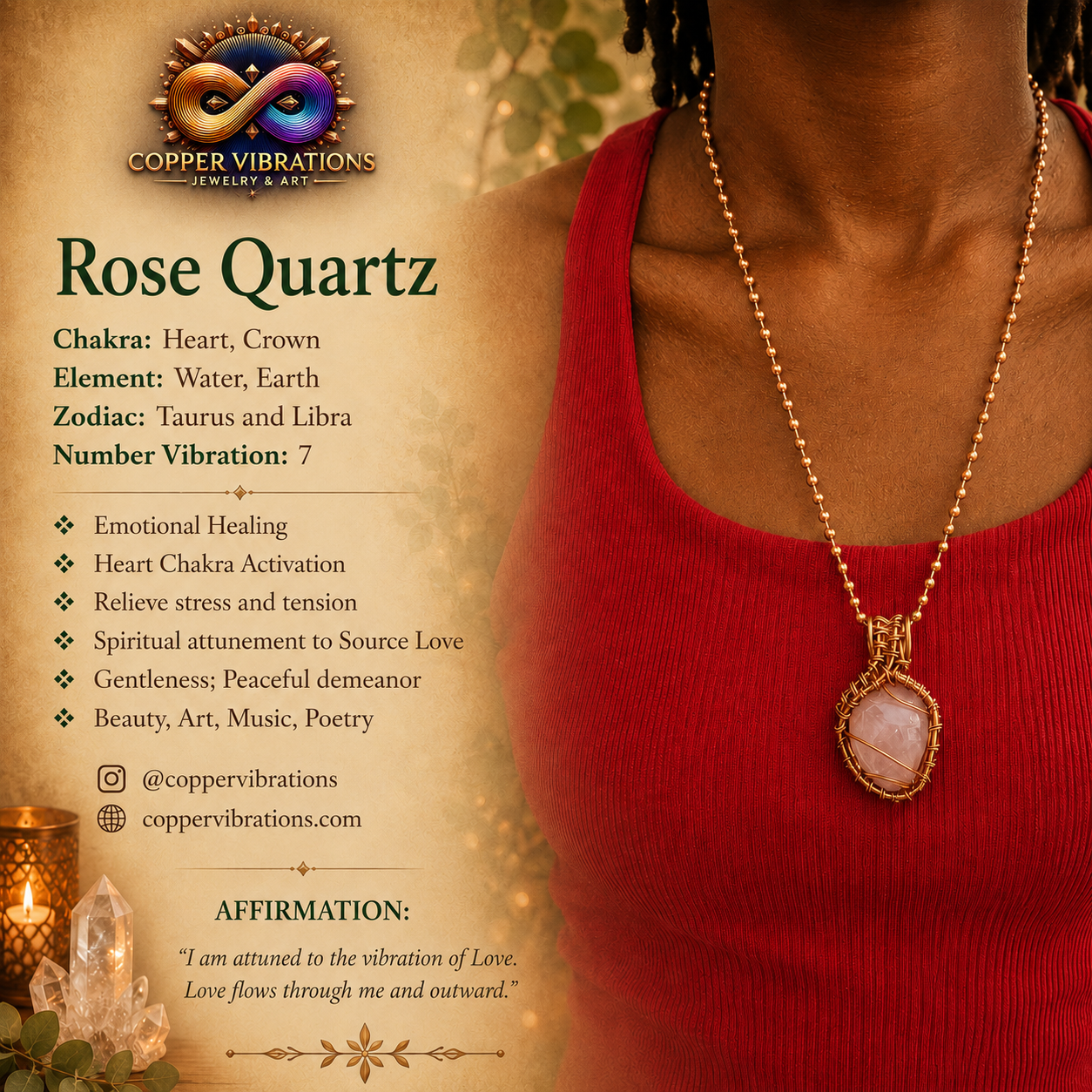 Tumbled Rose Quartz Creativity Weave 24” Copper Necklace