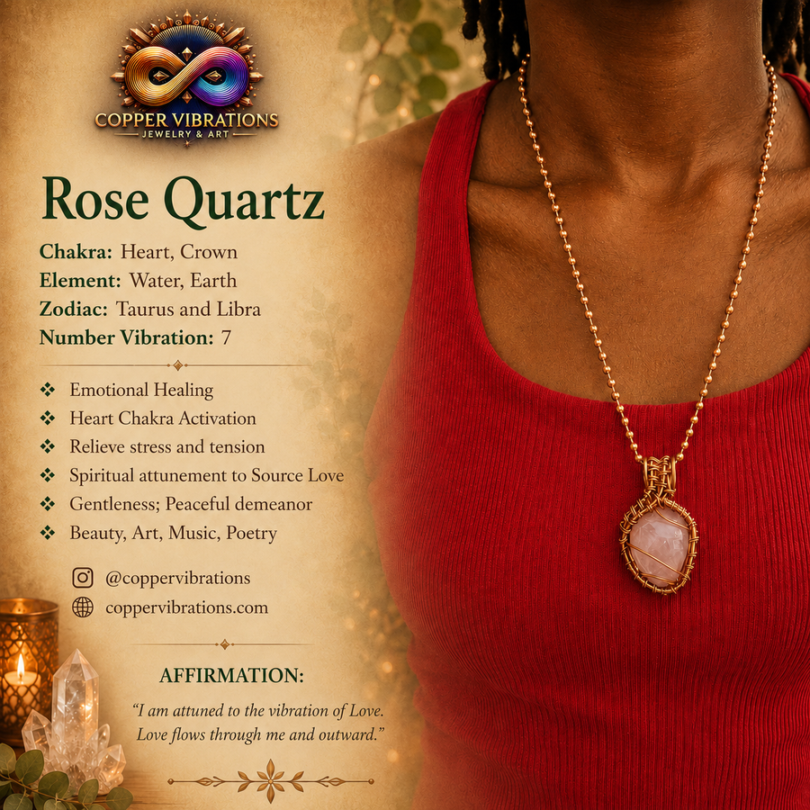 Rose Quartz meaning card: chakra, element, zodiac and affirmation